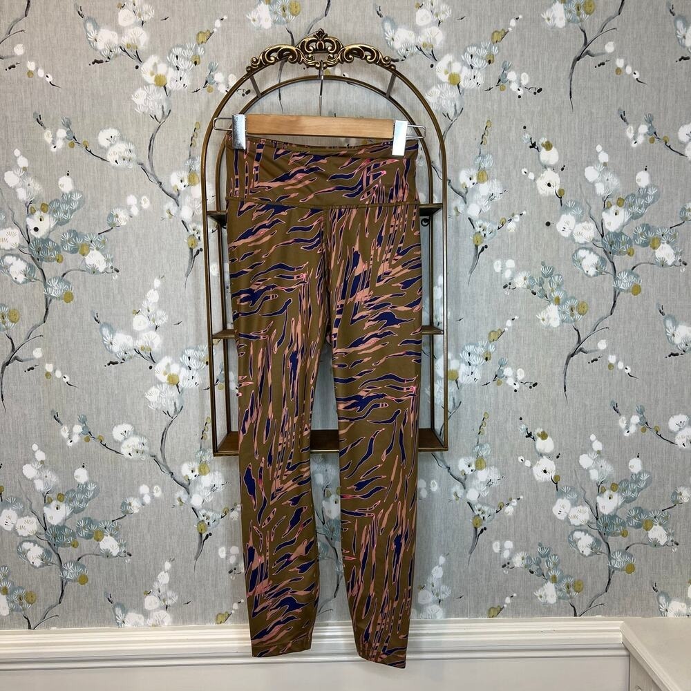 JoyLab Womens XS Abstract Tiger Stripe High Waisted Leggings Olive Blue Pink
